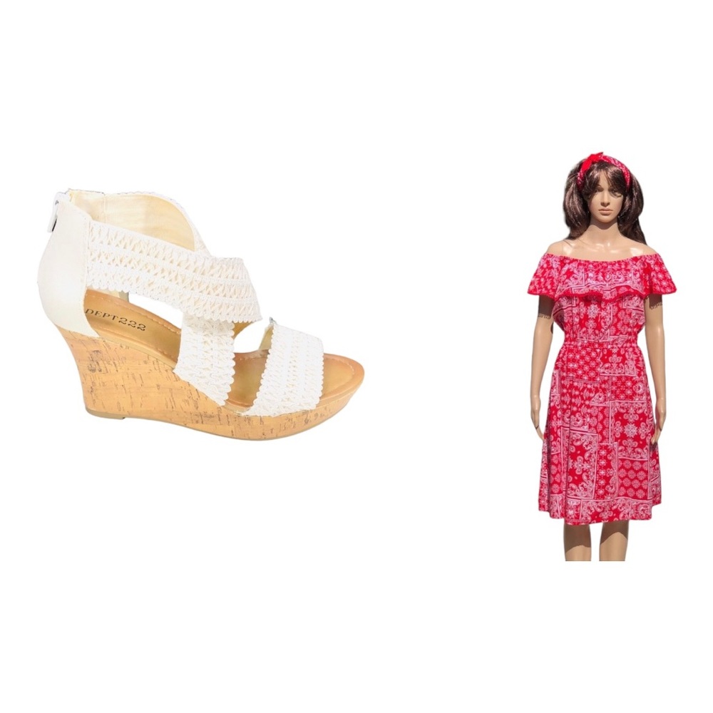 BUNDLE DEAL!!! Red/white bandana dress Sz L, White wedge heels Sz 8